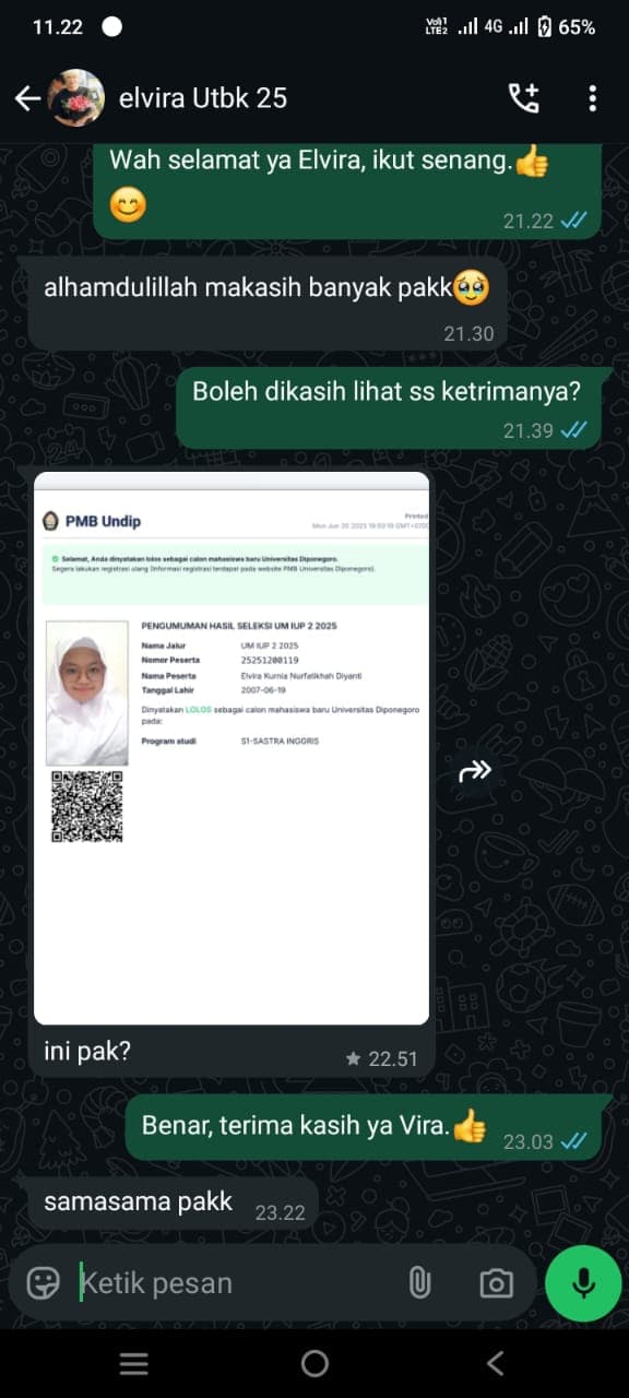 Elvira, Kelas UTBK 2025, Satra Inggris Universitas Diponegoro