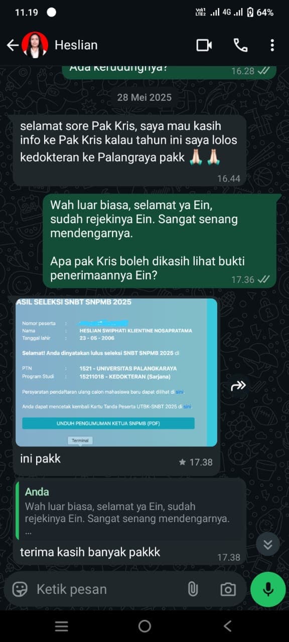 Heslian, Privat sejak kelas 10 SMA, Kedokteran Universitas Palangkaraya