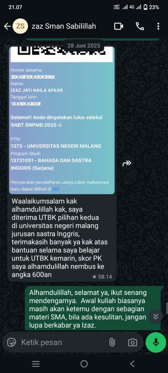 Izaz Jati Naila Afkar, Kelas UTBK 2025, diterima Sastra Inggris UM
